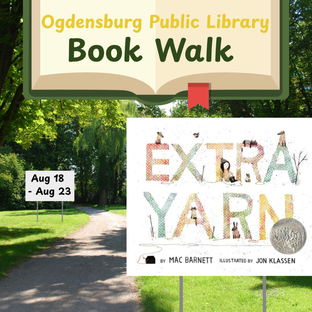 Come read Extra Yarn by Mac Barnett on our book walk around library park, August 18-23